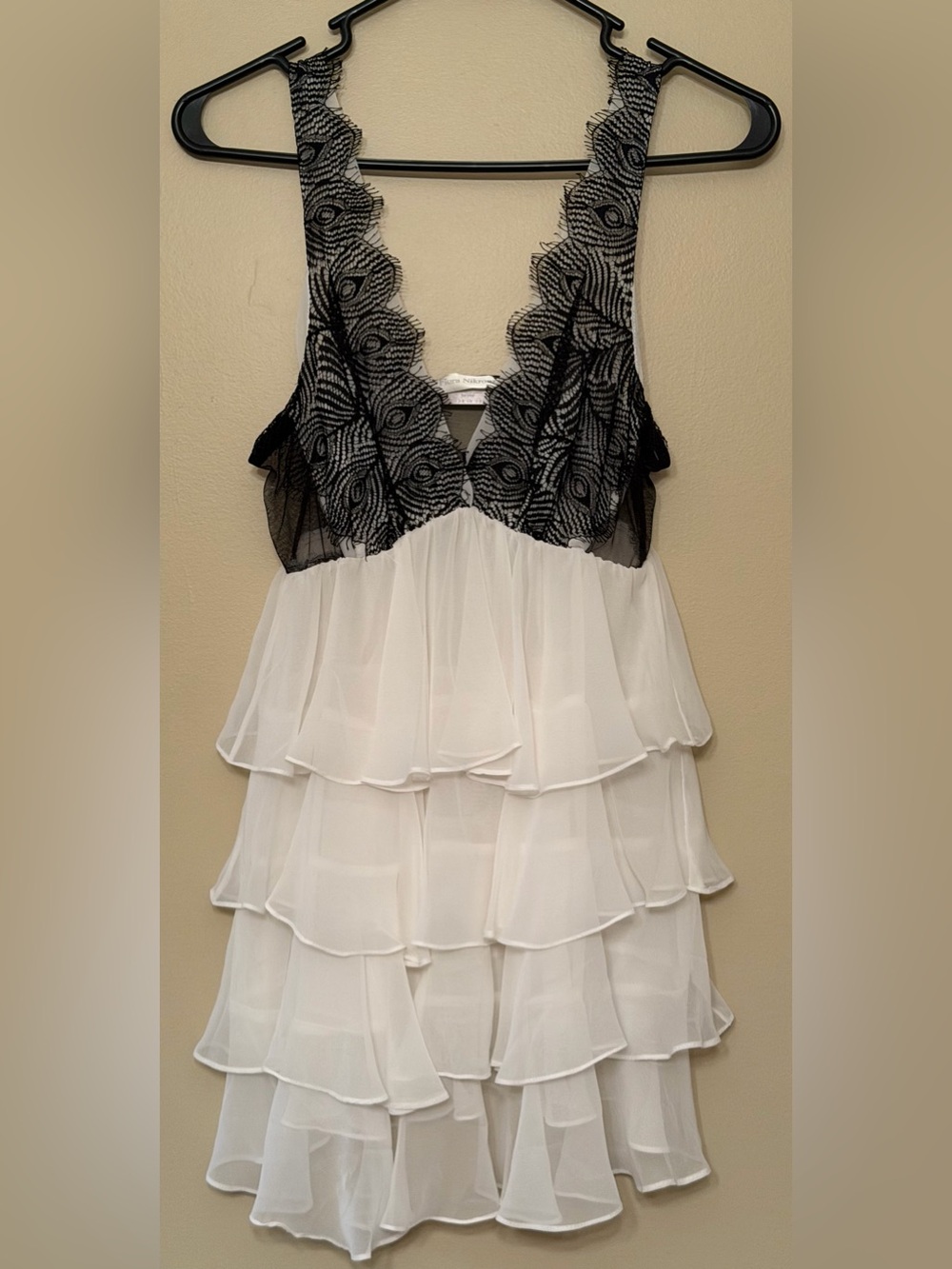 Flora Nikrooz Tiered White Chiffon w/ Black Lace trimmed camisole top.